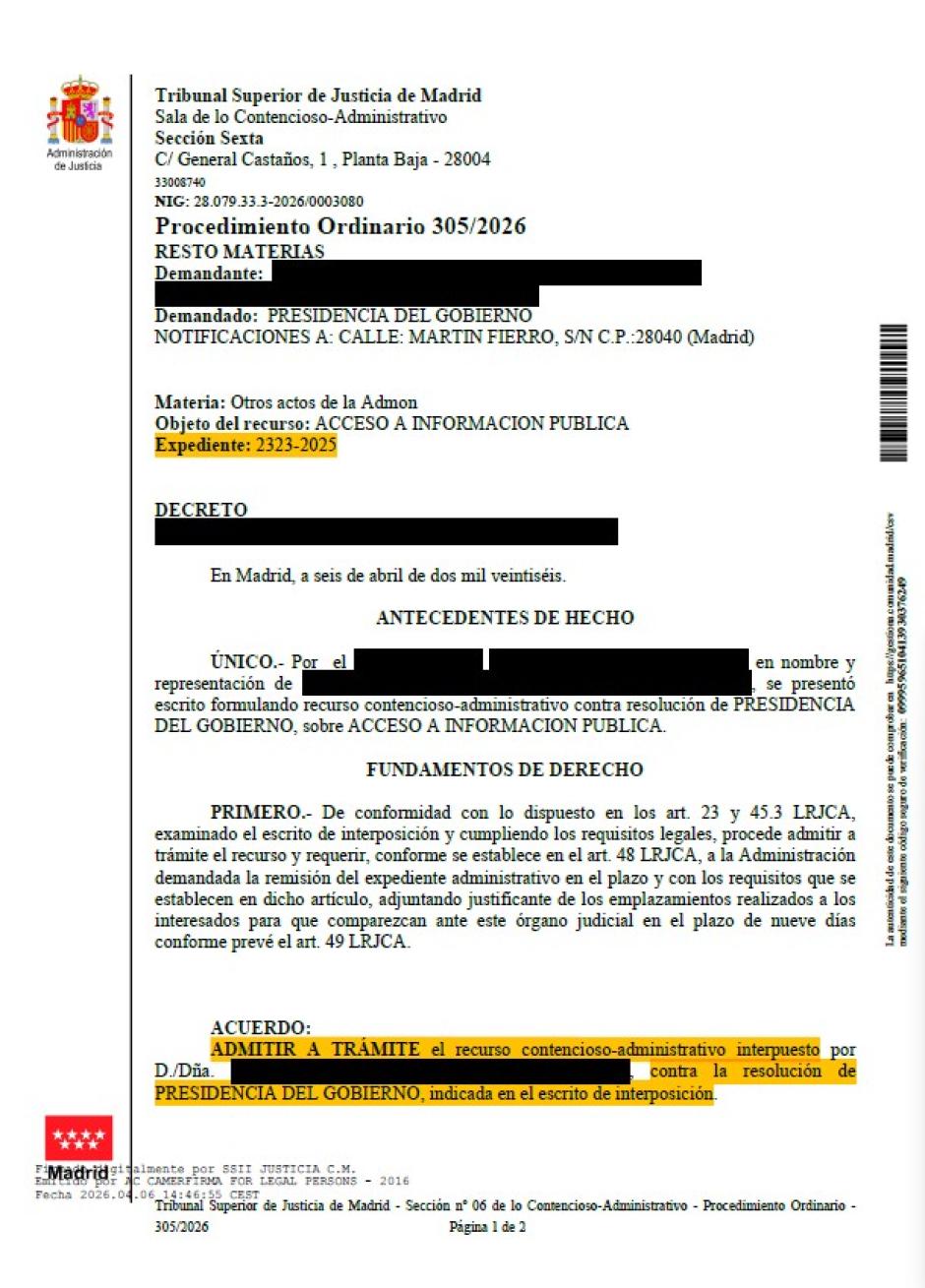 Decreto de admisión a trámite de la demanda contra Presidencia del Gobierno  ante el Tribunal Superior de Justicia de Madrid