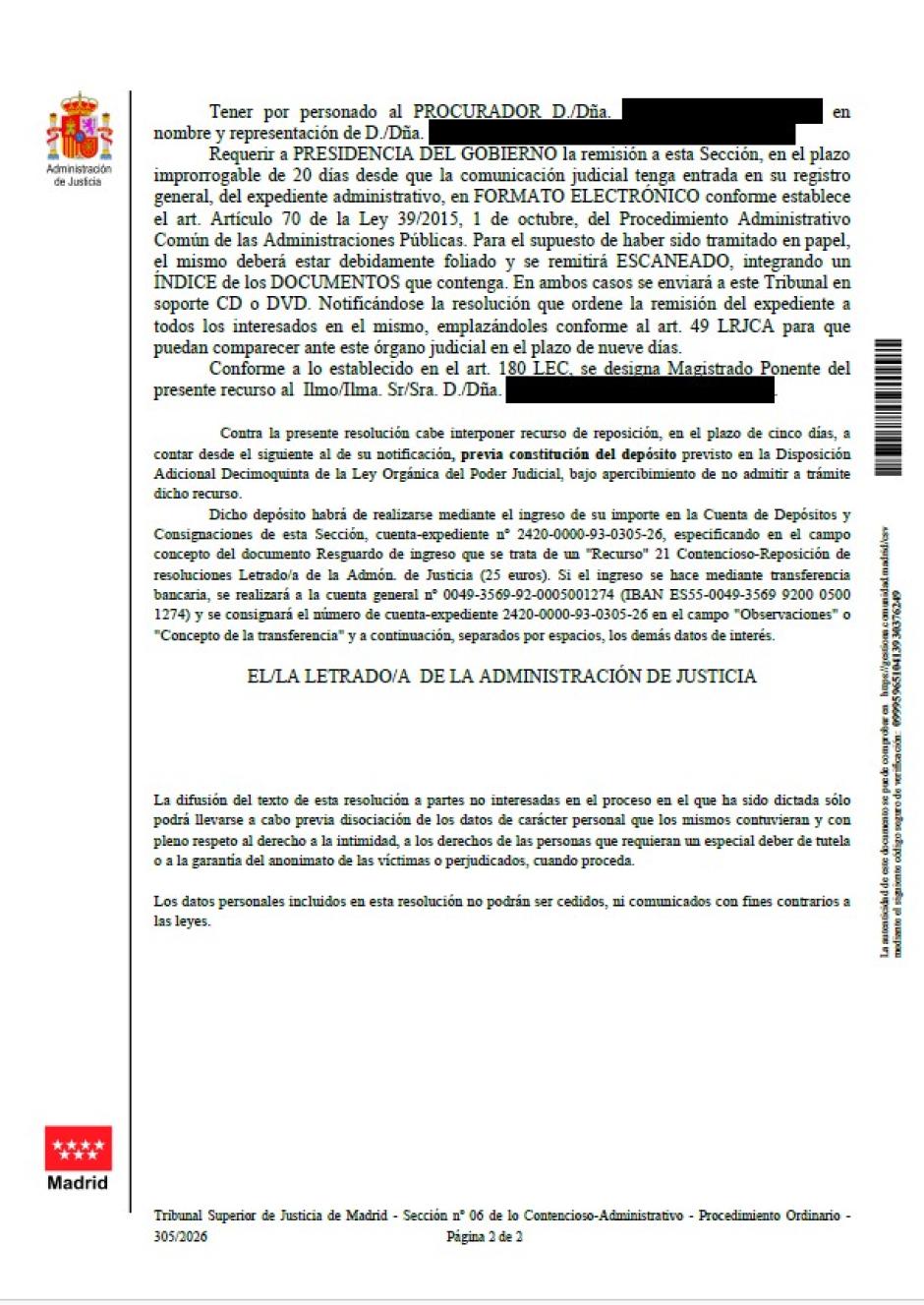 Decreto de admisión a trámite de la demanda contra Presidencia del Gobierno  ante el Tribunal Superior de Justicia de Madrid 2
