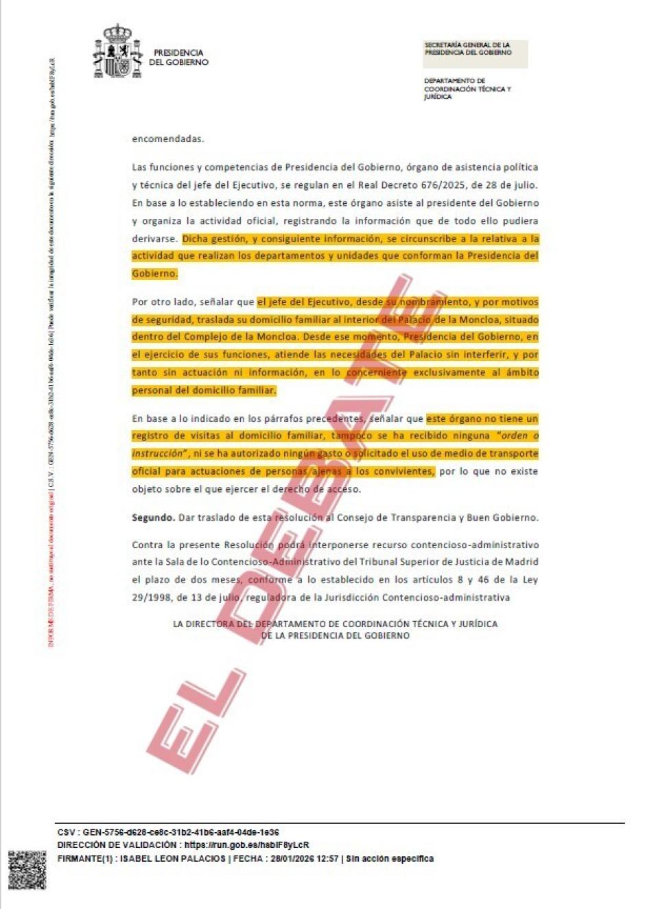 Resolución de Presidencia del Gobierno del 28 de enero de 2026