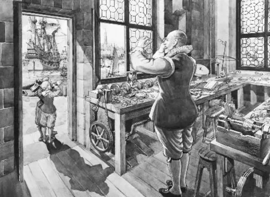 El que el fabricante de lentes holandés Hans Lippershey examina una lente para lo que sería el primer telescopio práctico en su taller de Middelburg alrededor de 1608