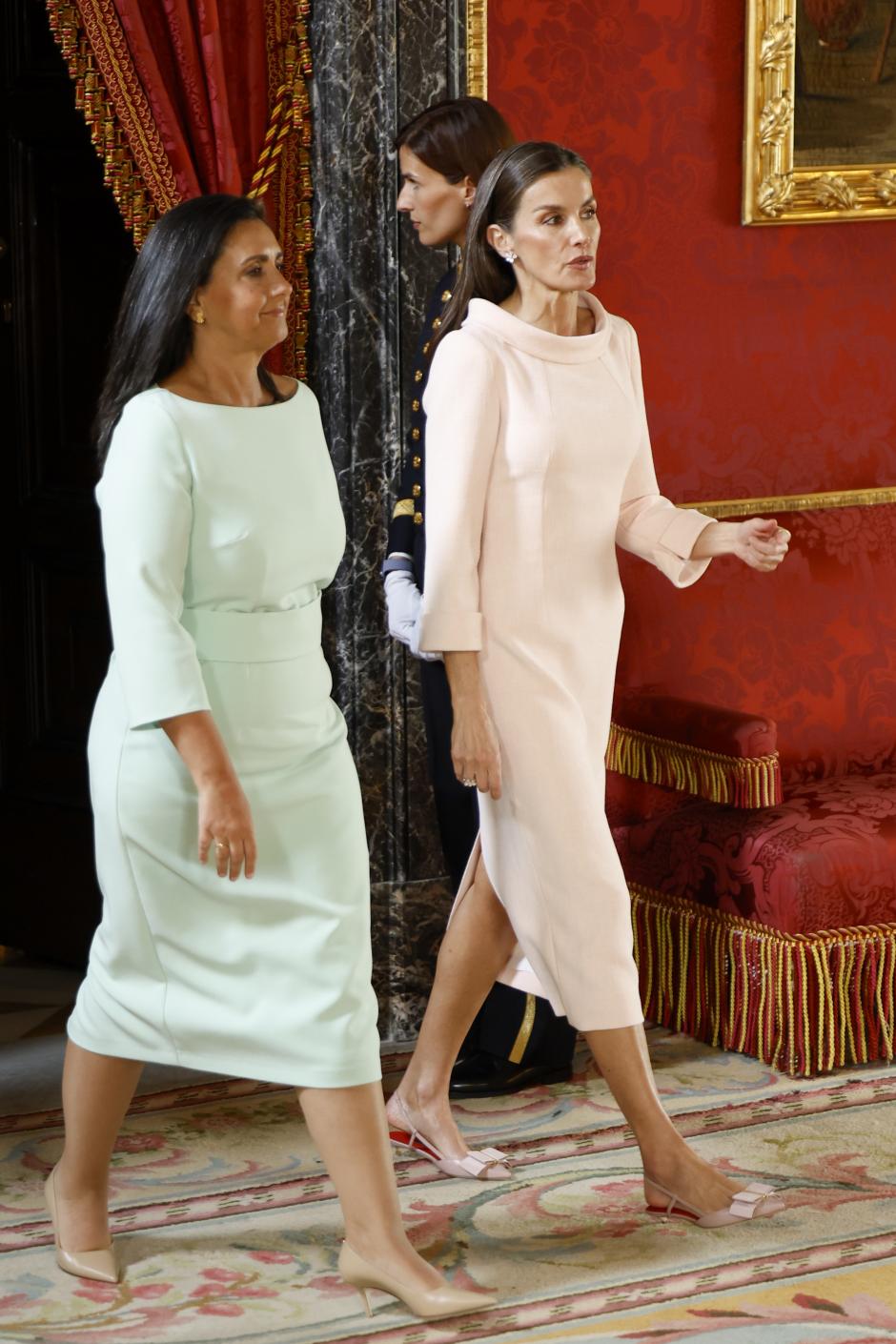Spanish Queen Letizia and Margarida Maldonado Freitas during a luncheon ceremony for Portugal President on ocassion his official visit to Spain in Madrid on Monday, 20 April 2026