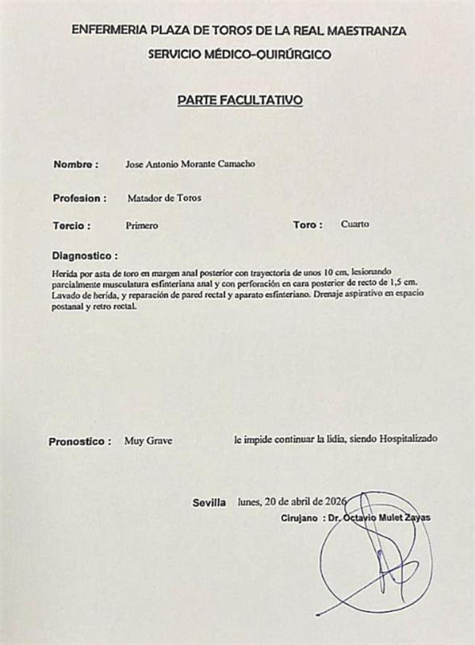 Imagen del parte médico de Morante de la Puebla