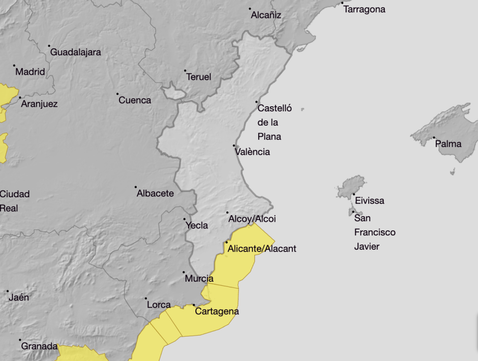 Mapa con el aviso amarillo previsto para este jueves 23 de abril en la Comunidad Valenciana.