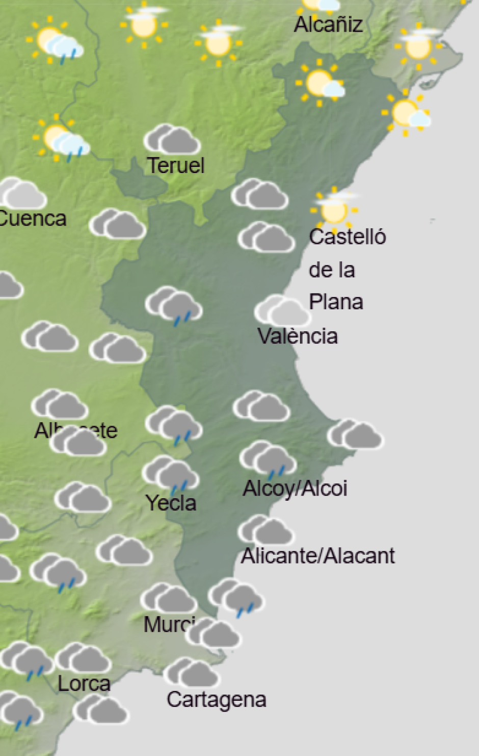 Mapa de Aemet con la previsión dle tiempo en la Comunidad Valenciana este viernes 24 de abril de 2026
