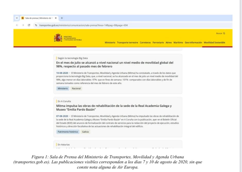 Pantallazo de la Web del Ministerio de Transportes presentado a la Sala por la abogada Leticia de la Hoz, en representación de Koldo