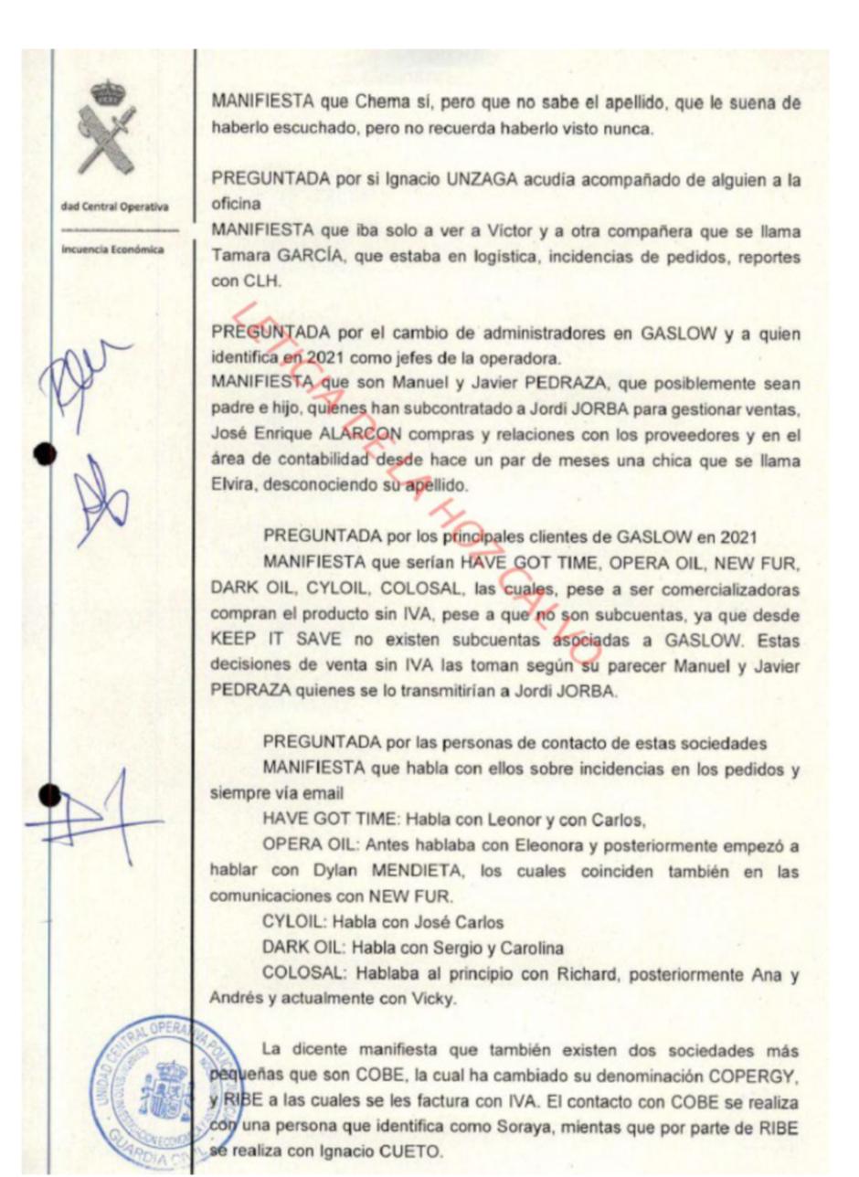 Documento de la UCO aportado por la defensa de Koldo para poner en evidencia contradicciones en la decalración de Aldam