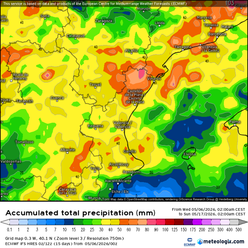 Mapa con la previsión de lluvias acumuladas por dos danas en mayo de 2026.