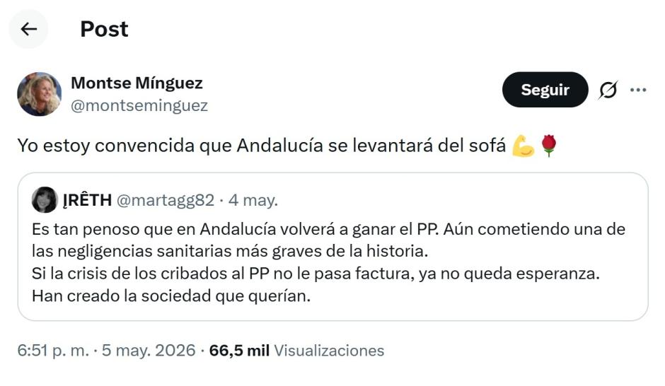 Captura del mensaje publicado en 'X' por la portavoz del PSOE, Montse Mínguez