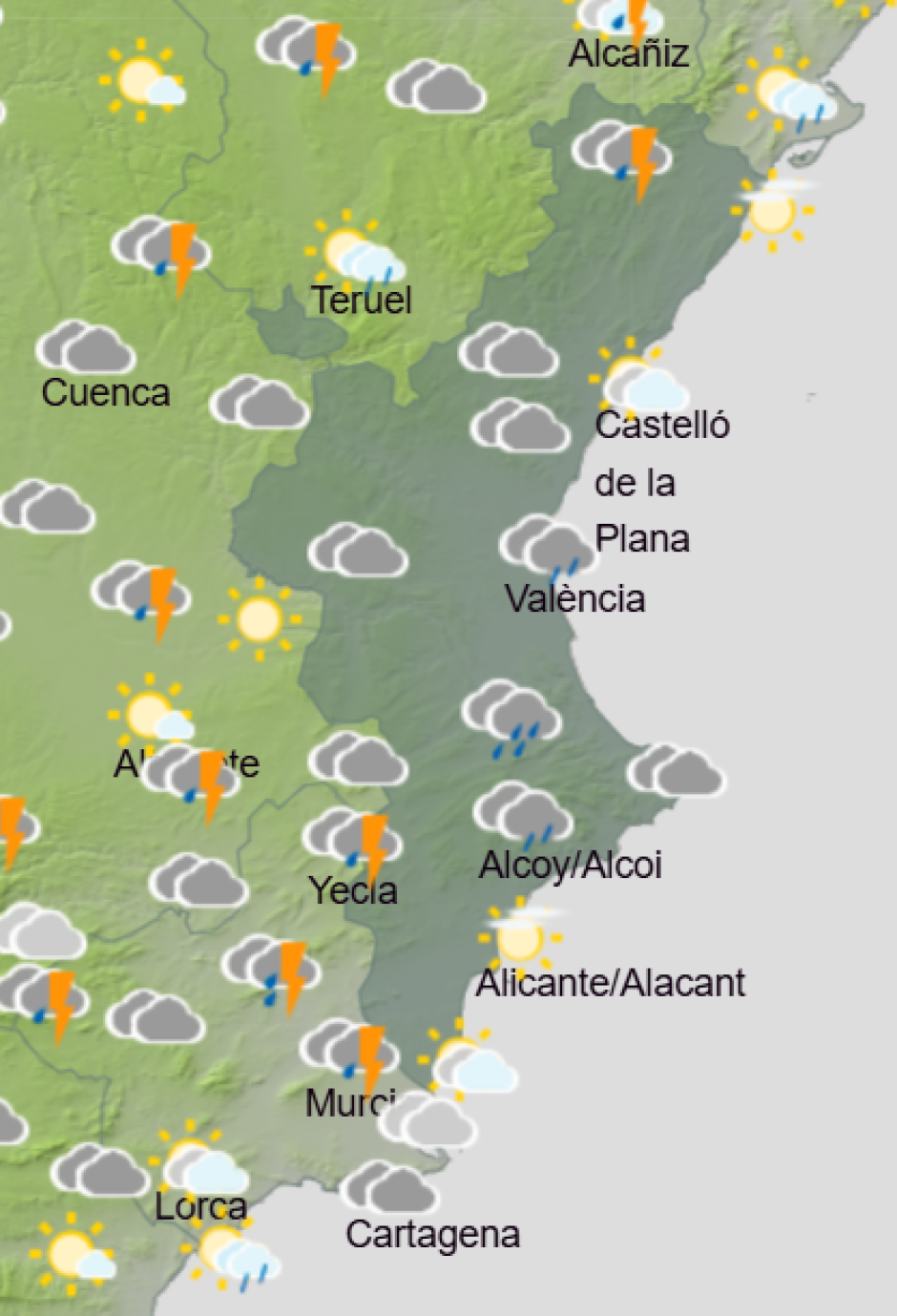 Mapa de Aemet con la previsión del tiempo en la Comunidad Valenciana este jueves 7 de mayo de 2026