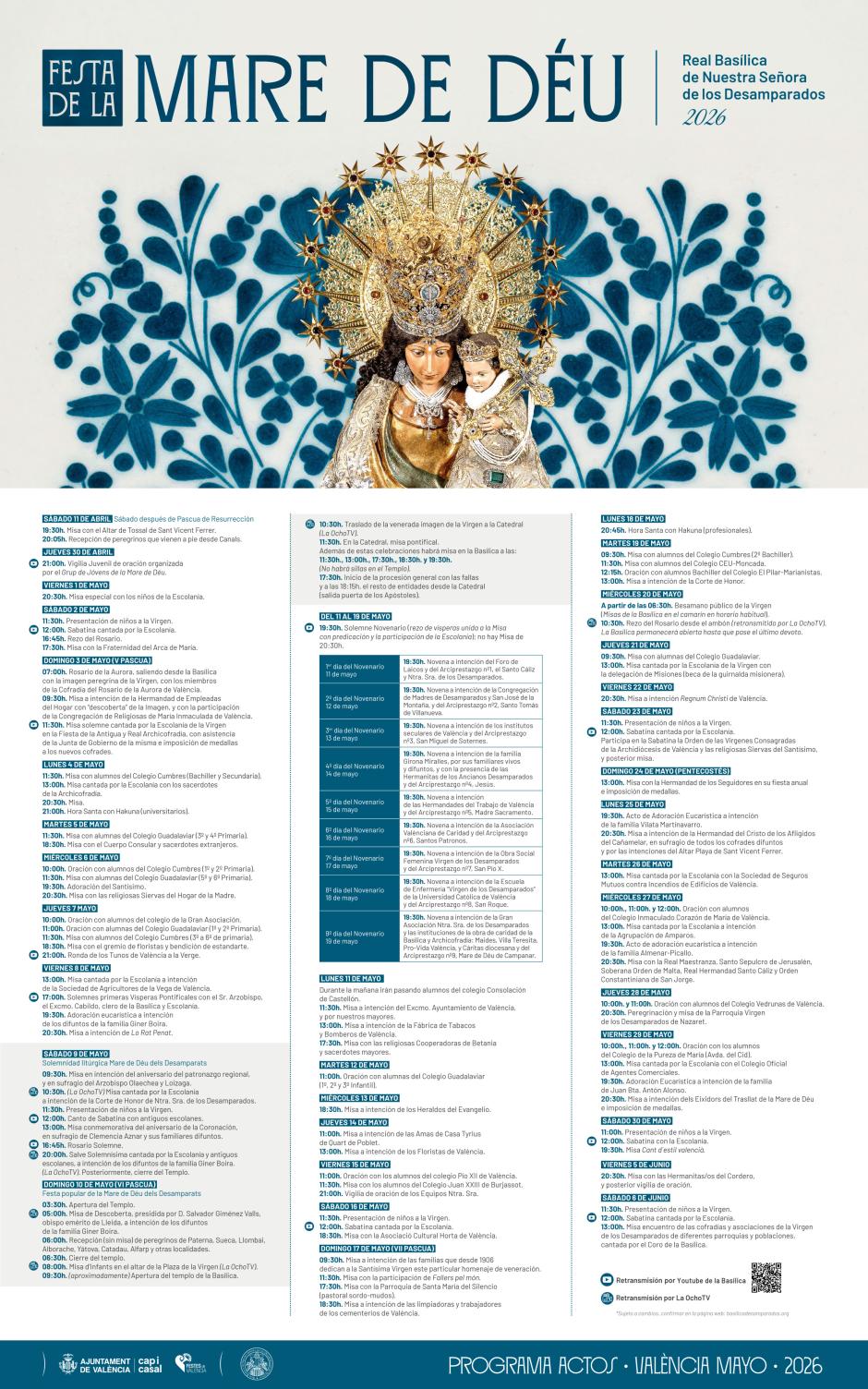 Programa de actos de las fiestas a la Virgen de los Desamparados de Valencia 2026.