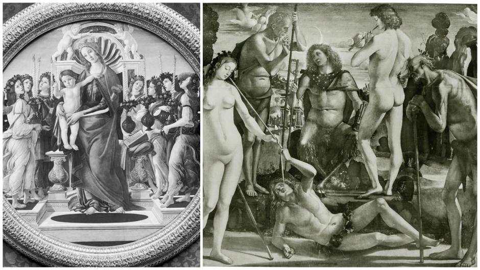 La Virgen y el Niño con ángeles portando cirios de Sandro Botticelli y La educación de Pan de Luca Signorelli