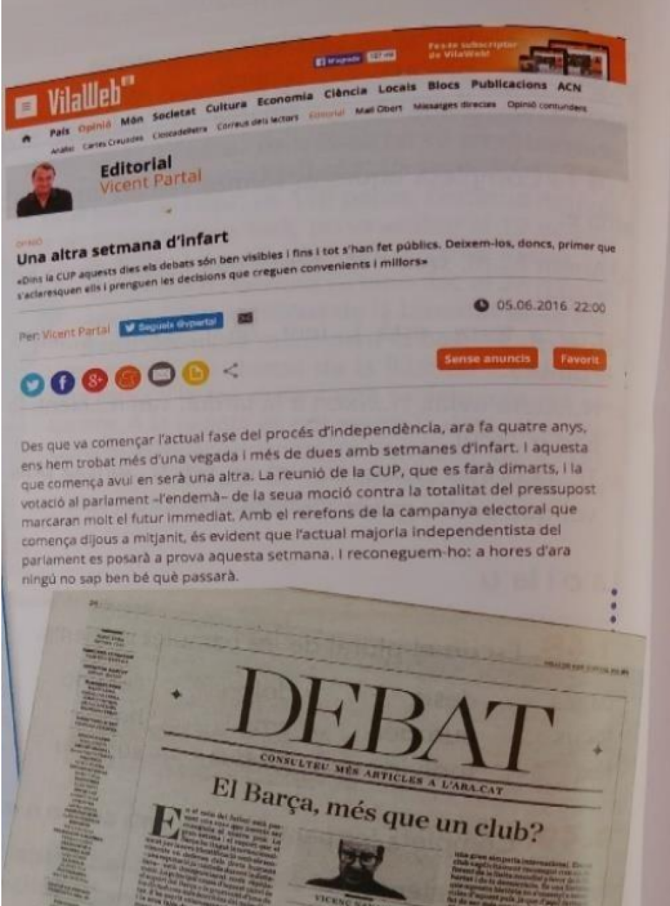 Uno de los libros analizados, con un artículo del digital nacionalista VilaWeb