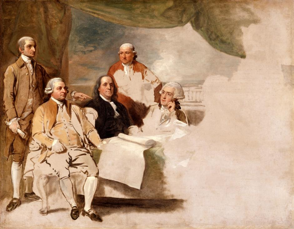 Tratado de París (1783), obra de Benjamin West. La delegación inglesa se negó a posar, por lo que la obra quedó incompleta