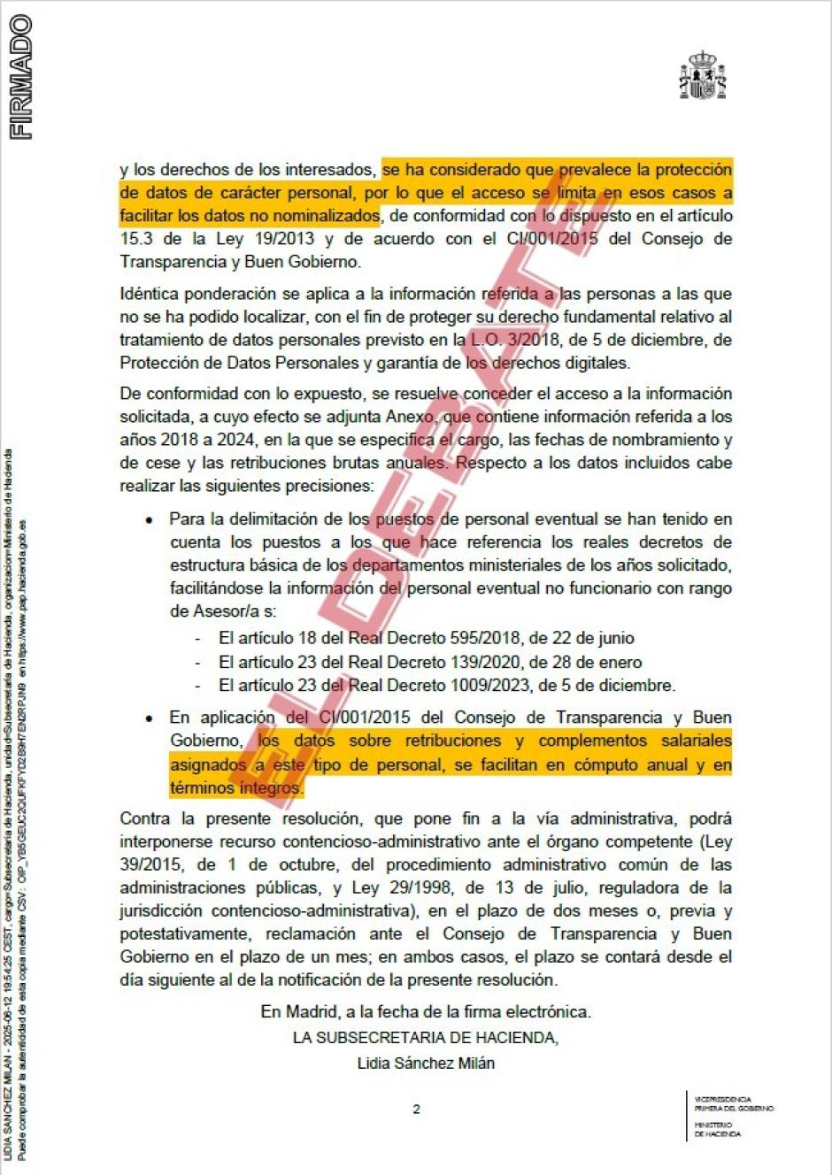 Resolución del Ministerio de Hacienda del pasado 12 de junio