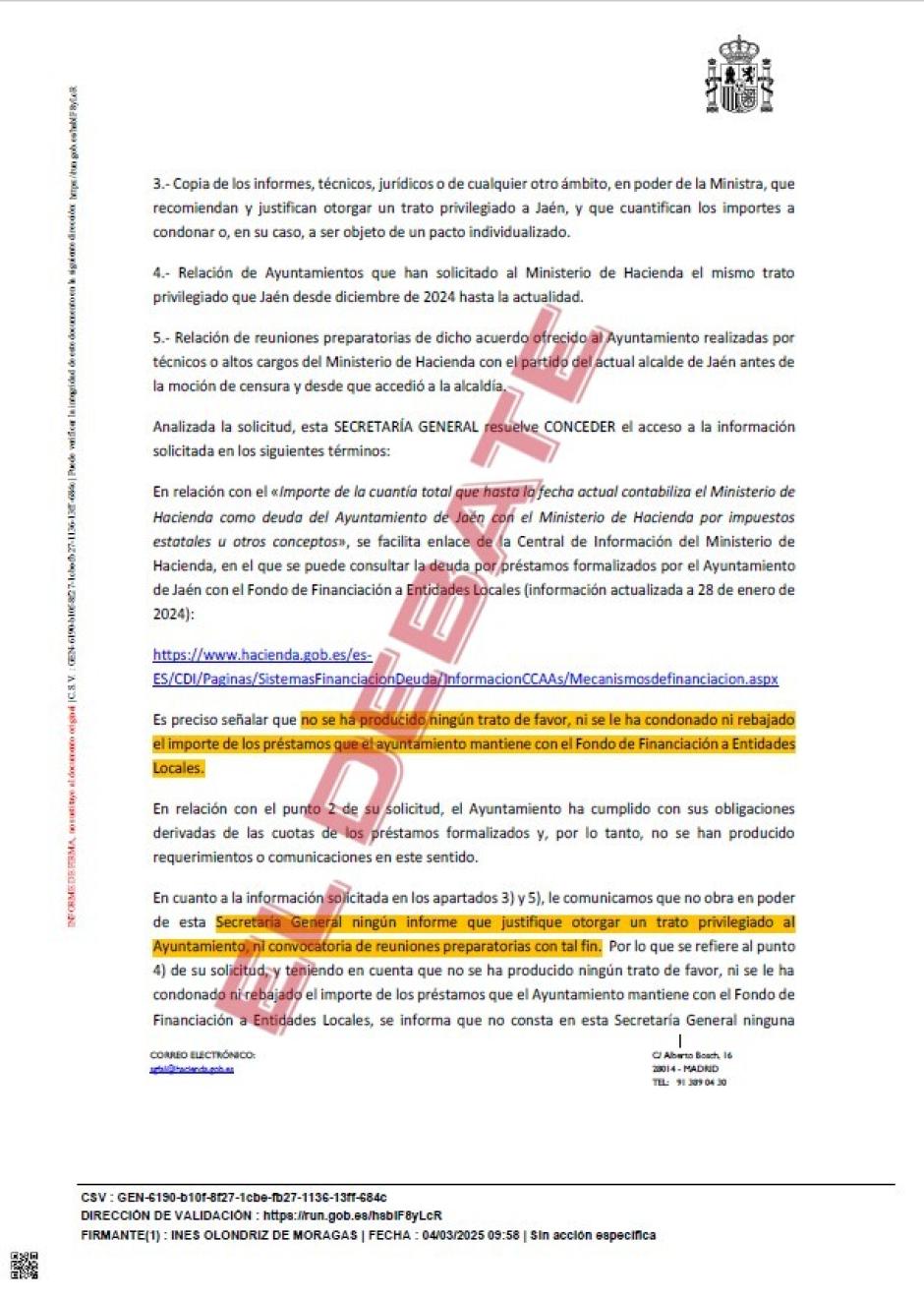Resolución del Ministerio de Hacienda del 4 de marzo de 2025