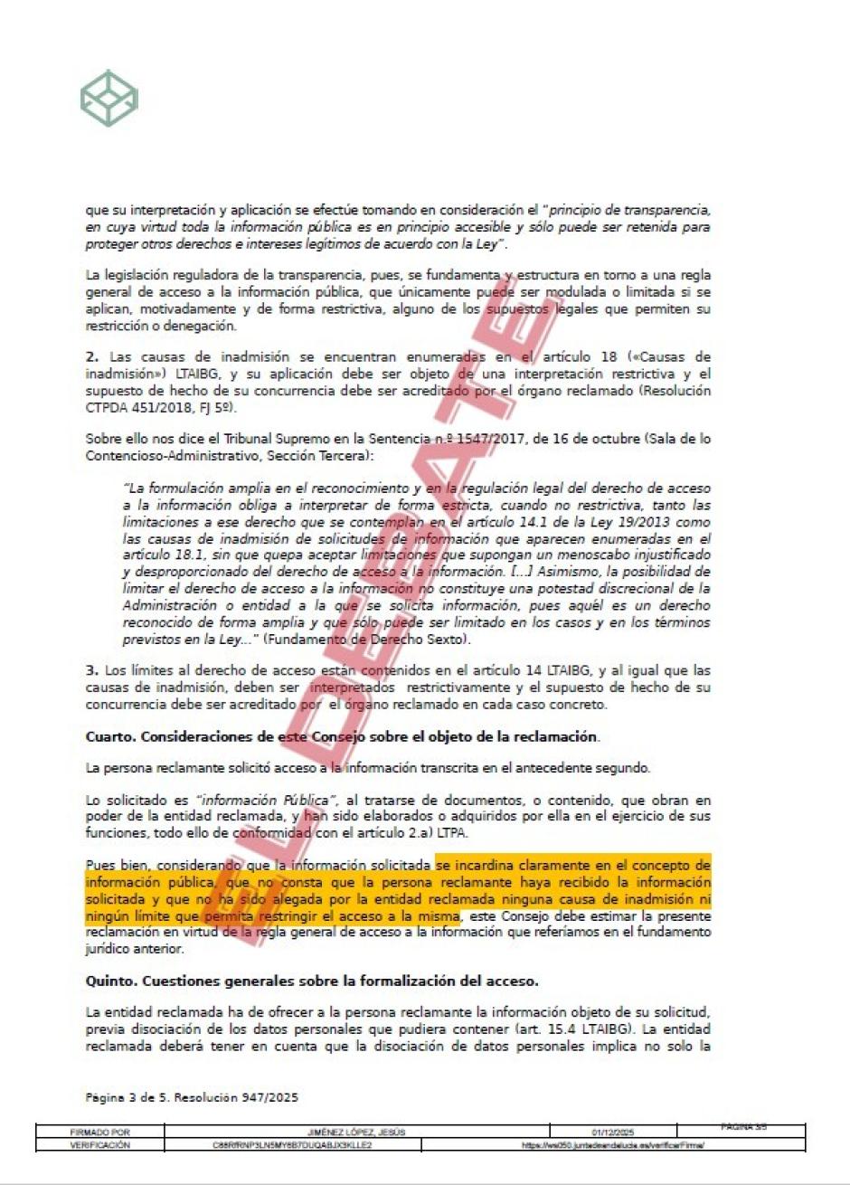 Resolución 947/2025 del Consejo de Transparencia y Protección de Datos de Andalucía