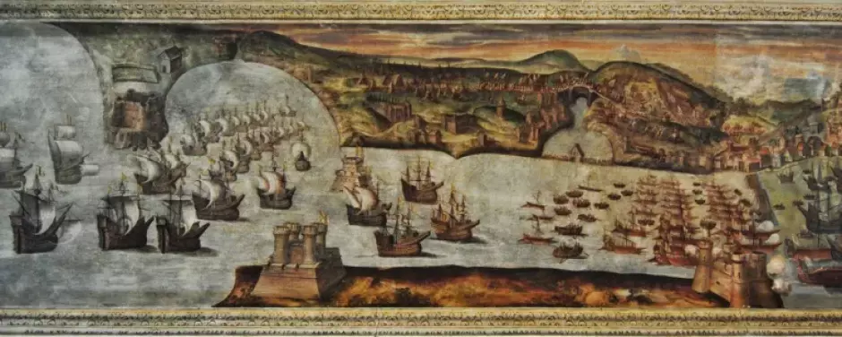 Entrada en el estuario del Tajo de la flota española al mando de D. Álvaro de Bazán. Uno de los frescos del Viso del Marqués