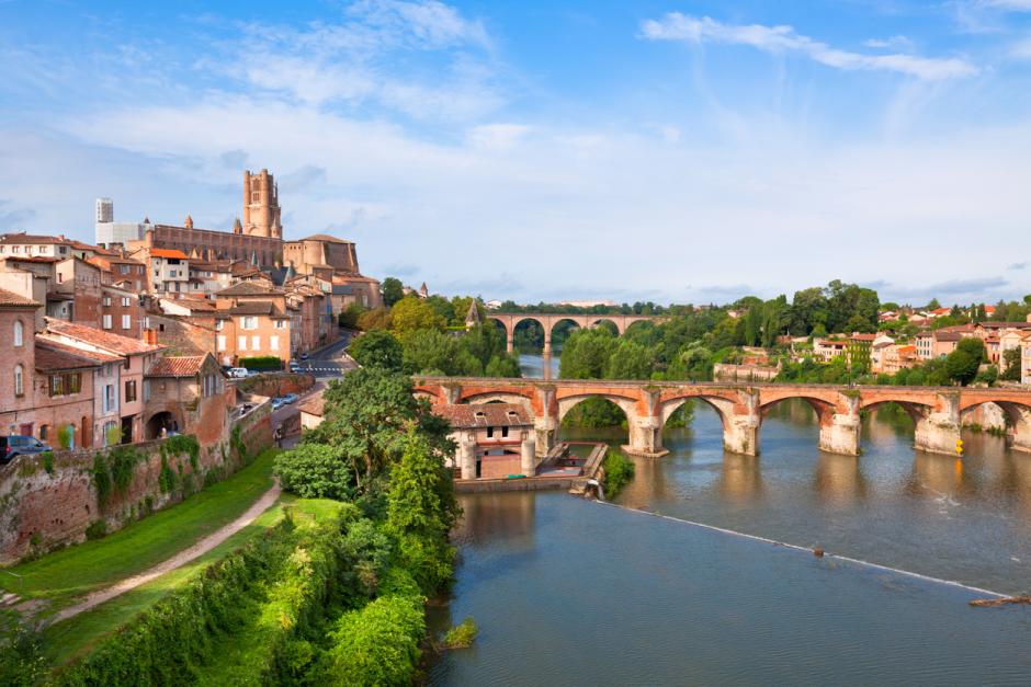 Vista de Albi, con el puente del 22 de Agosto y la catedral de Santa Cecilia