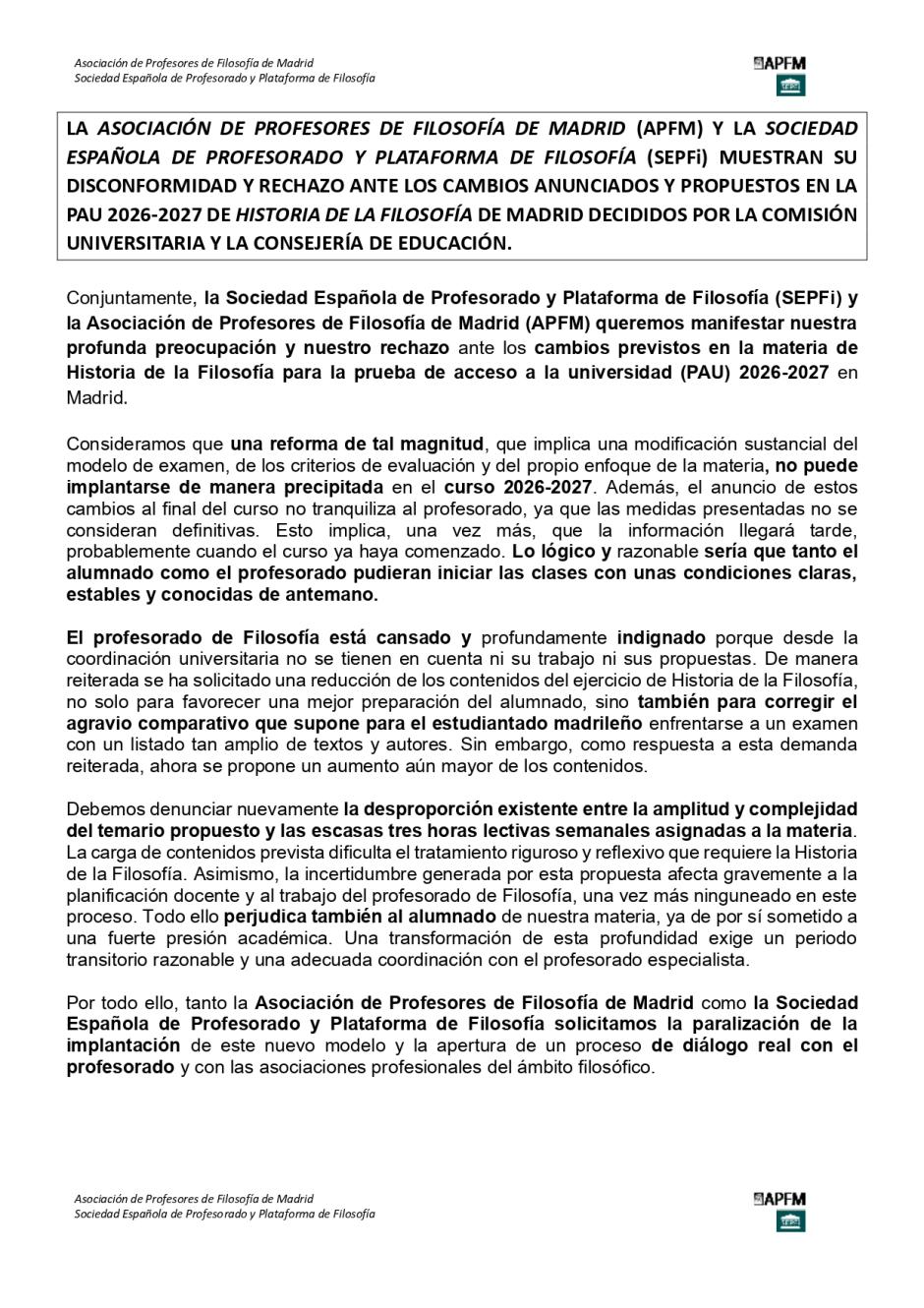 Comunicado conjunto de la SEPFi y la APFM sobre la nueva PAU de Filosofía