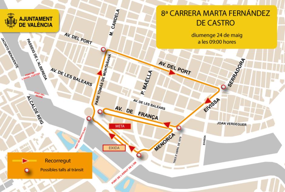 Imagen del recorrido y los cortes al tráfico el domingo 24 de mayo en Valencia