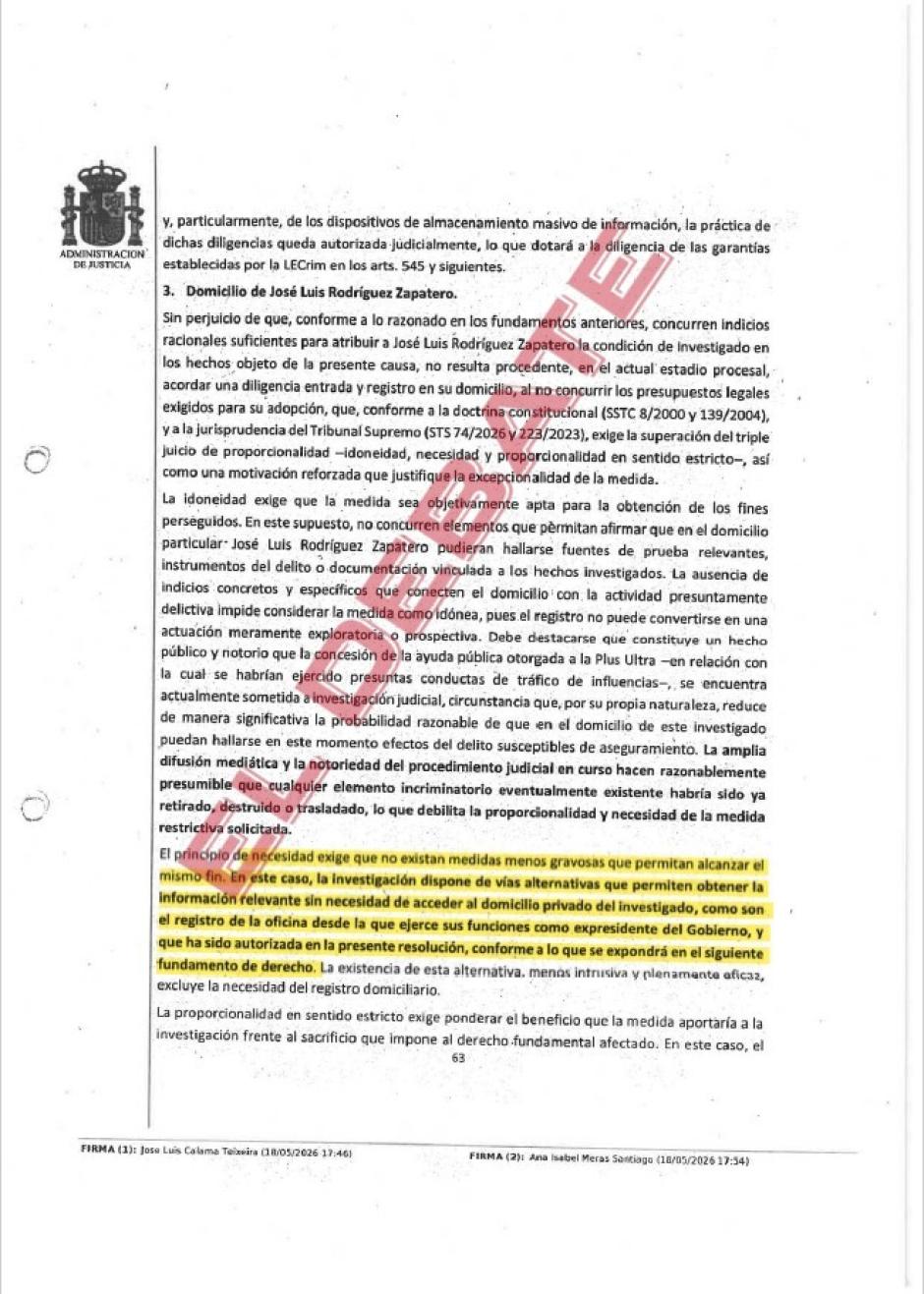 Extracto del auto del juez Calama
