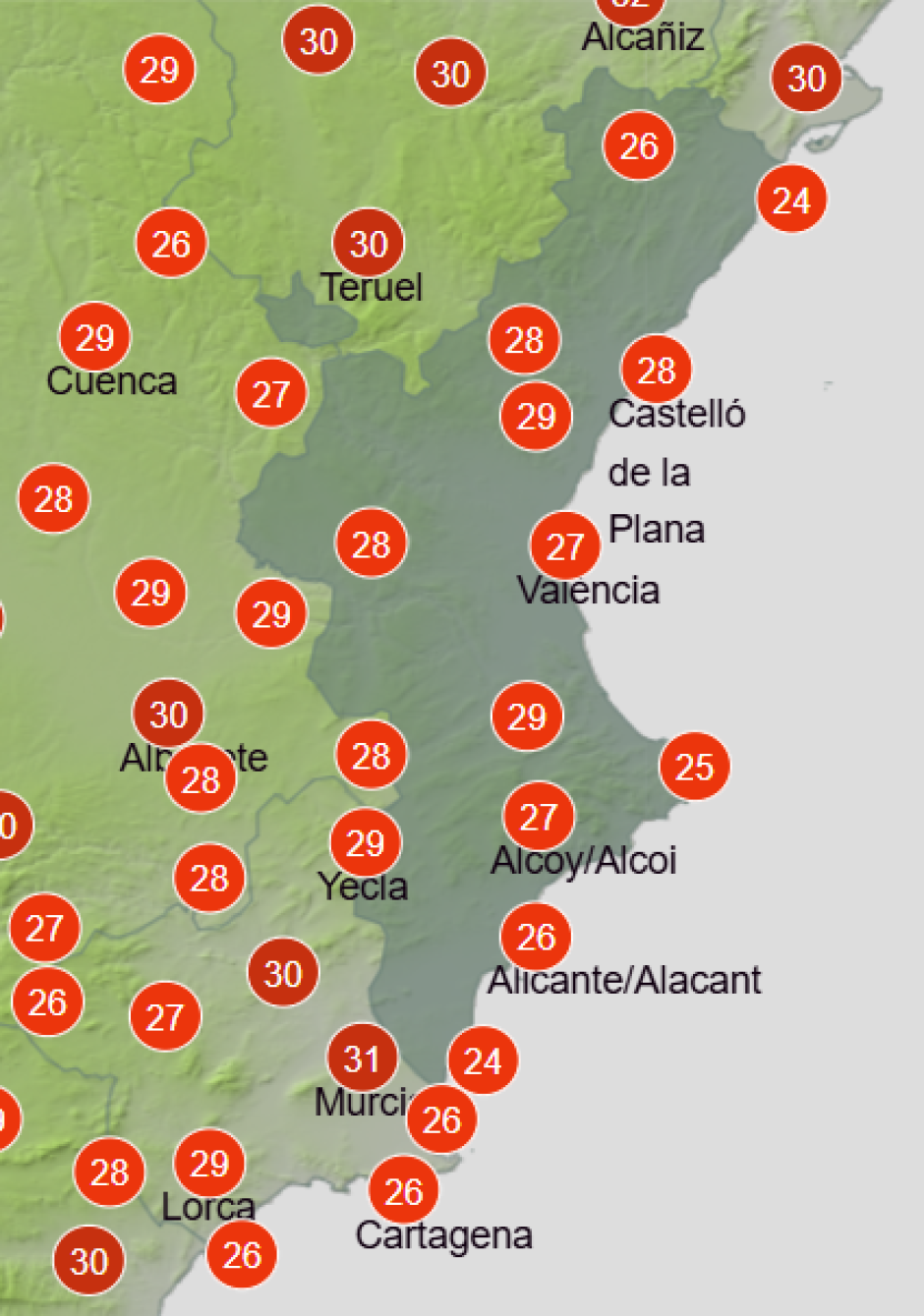 Mapa de Aemet con las temperaturas máximas en la Comunidad Valenciana este sábado 23 de mayo de 2026