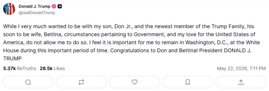 Trump informa de que no asistirá a la boda de su hijo en Truth Social