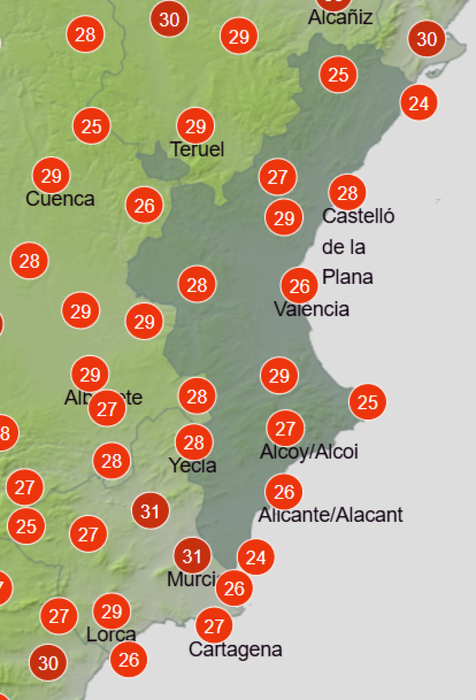 Mapa de Aemet con las temperaturas máximas en la Comunidad Valenciana este domingo 24 de mayo de 2026