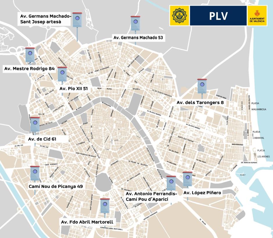 Mapa con la ubicación de los radares en la ciudad de Valencia.