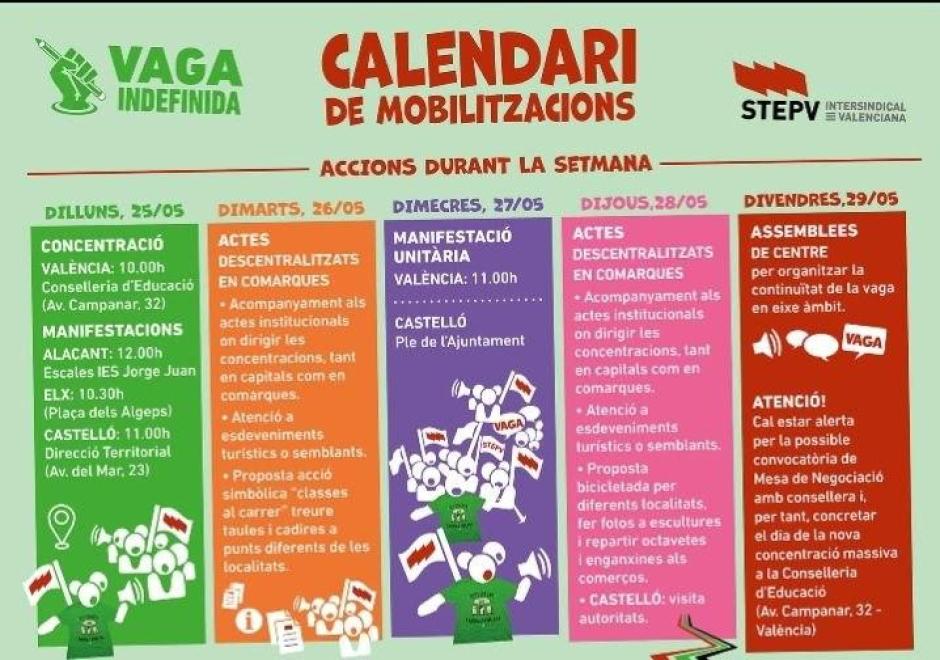 Imagen con las protestas previstas en la huelga indefinida de la escuela pública del 25 al 29 de mayo en la Comunidad Valenciana.