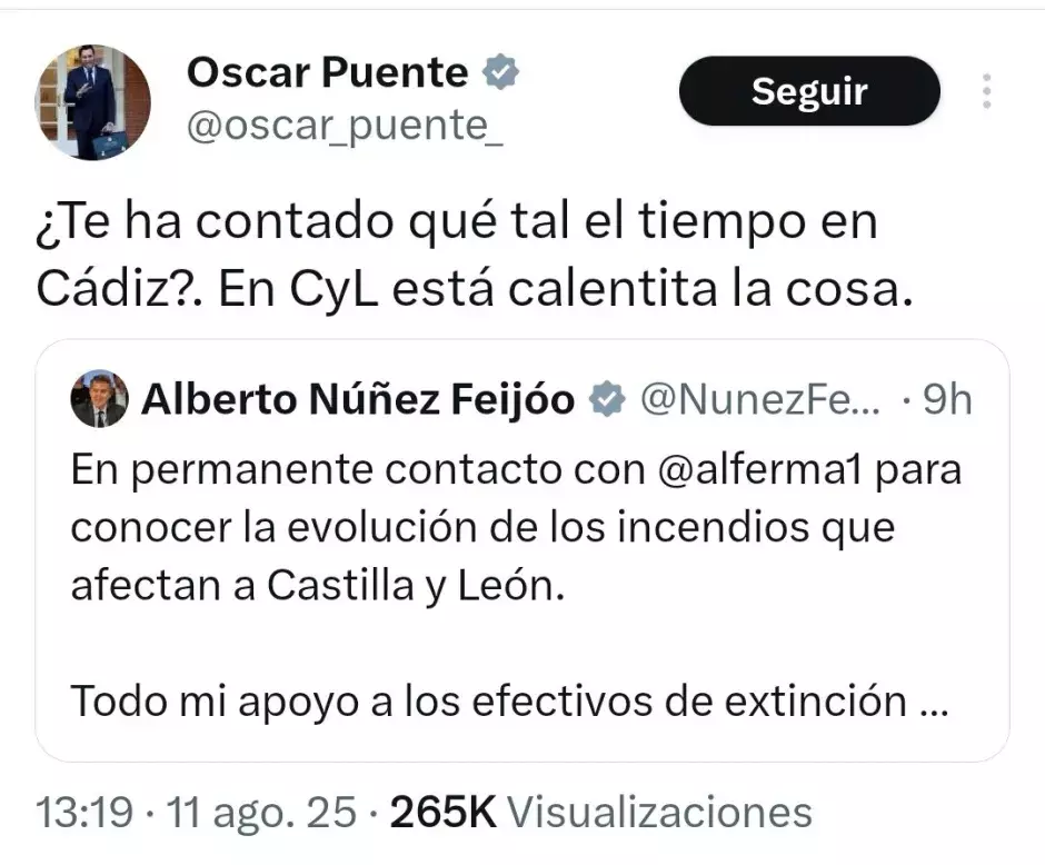 Tuit de Óscar Puente sobre los incendios.
