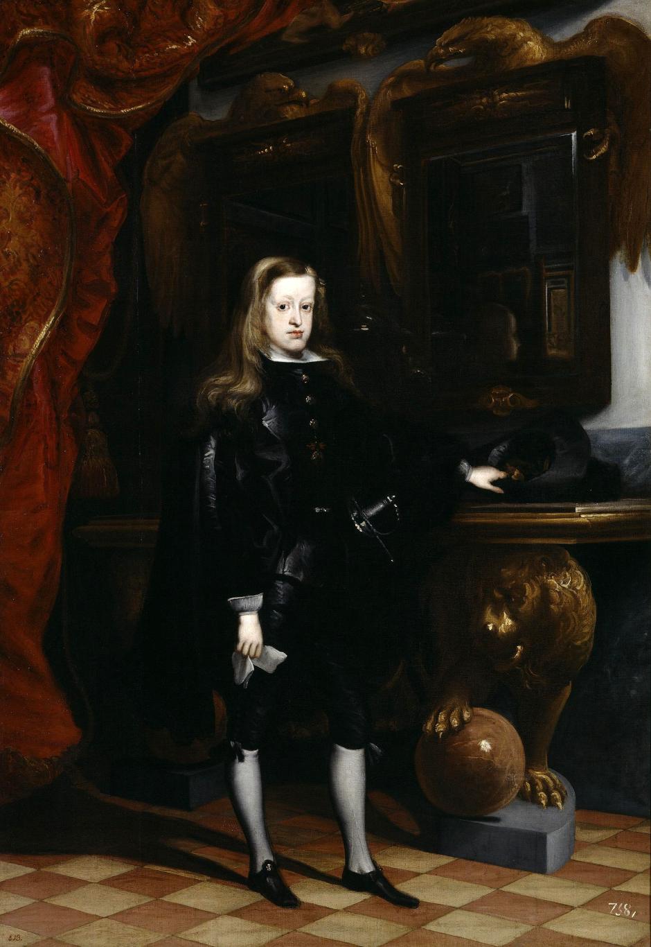 Carlos II en el Salón de los Espejos del Real Alcázar de Madrid, por Juan Carreño de Miranda (c. 1675)