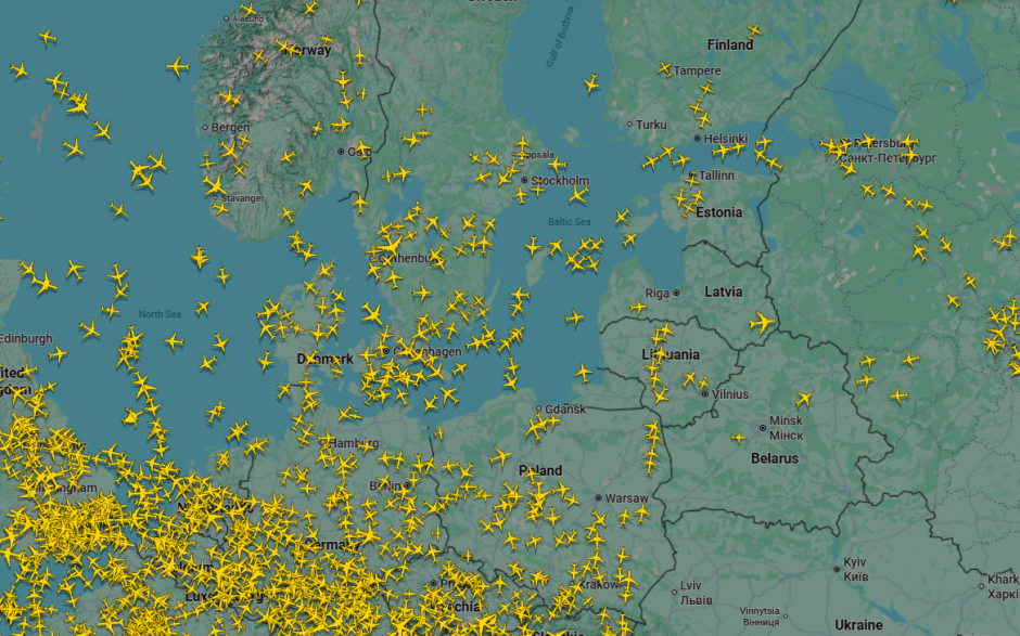 Mapa actividad aérea en la zona del mar Báltico