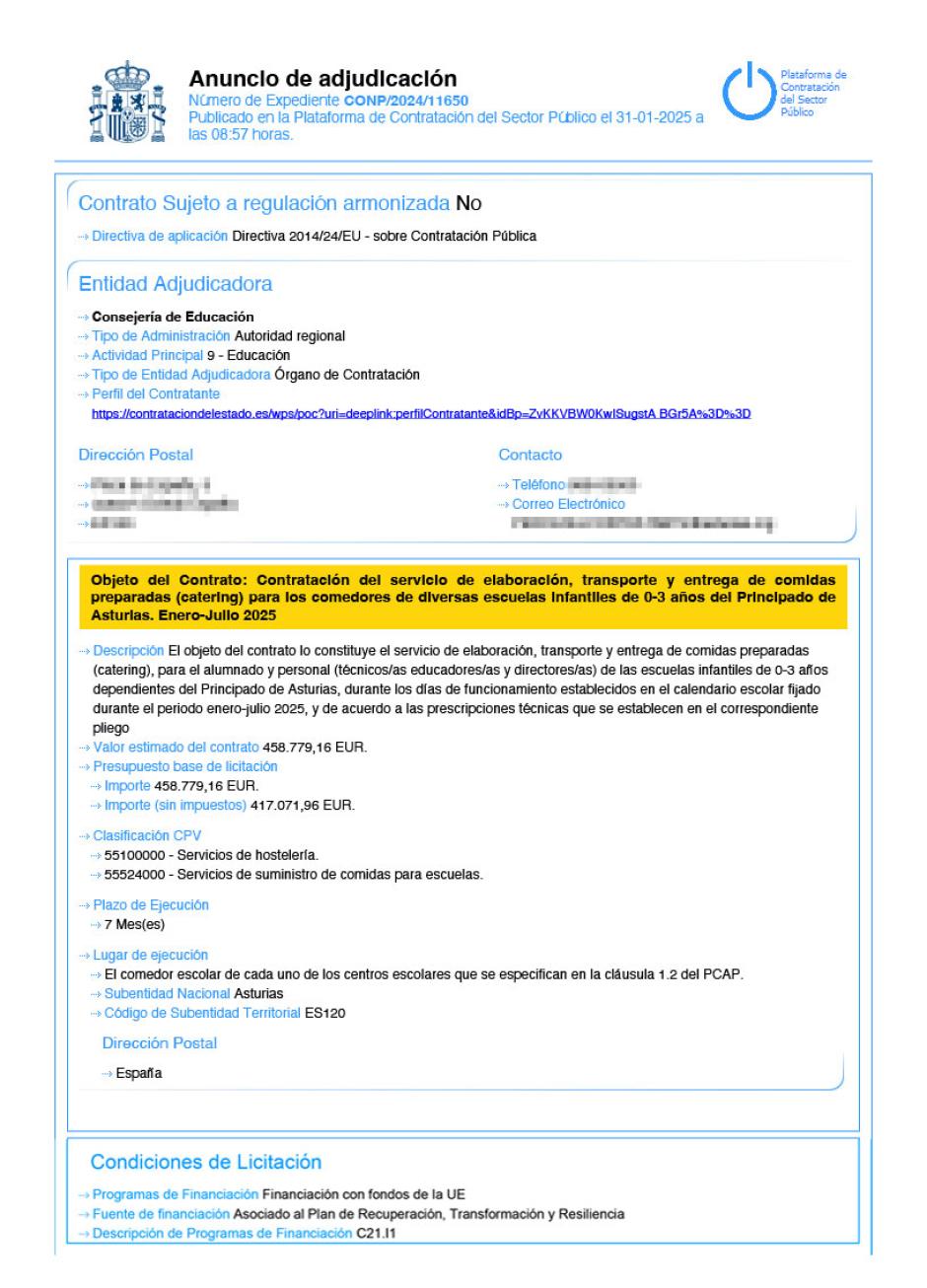 Imagen del contrato adjudicado por la Consejería de Educación de Asturias con fondos de la UE