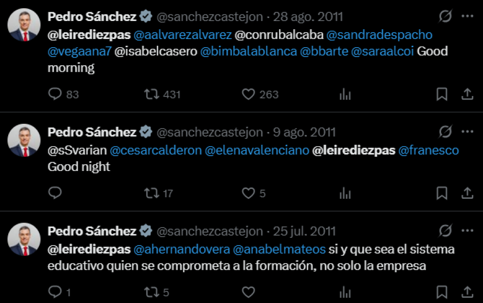 Publicaciones de Pedro Sánchez en las que menciona la antigua cuenta de Leire Díez en 2011