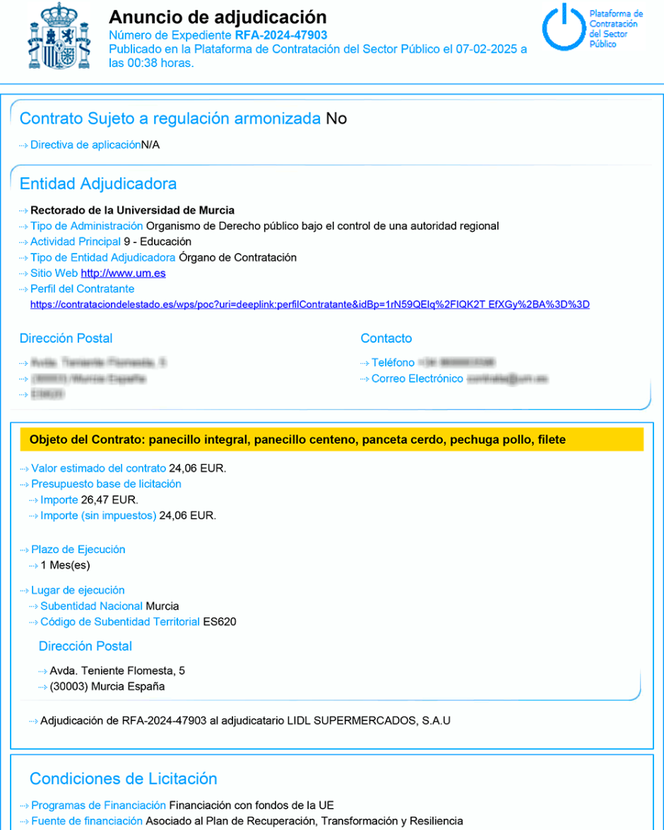Imagen del contrato adjudicado por el Rectorado de la Universidad de Murcia con fondos de la UE