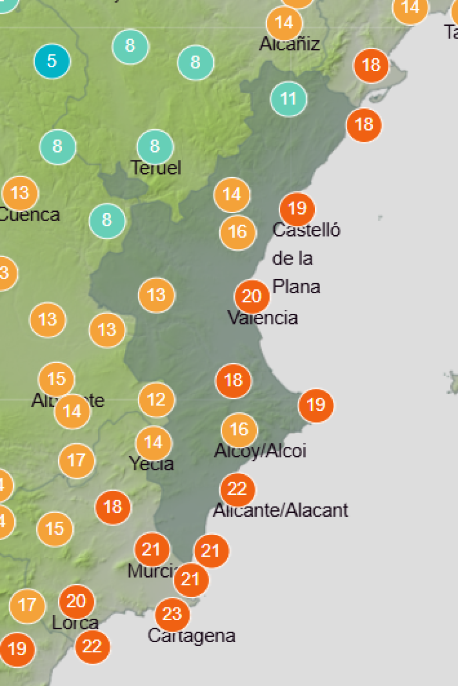 Mapa de Aemet con la previsión de temperaturas mínimas en la Comunidad Valenciana este viernes 5 de junio de 2026