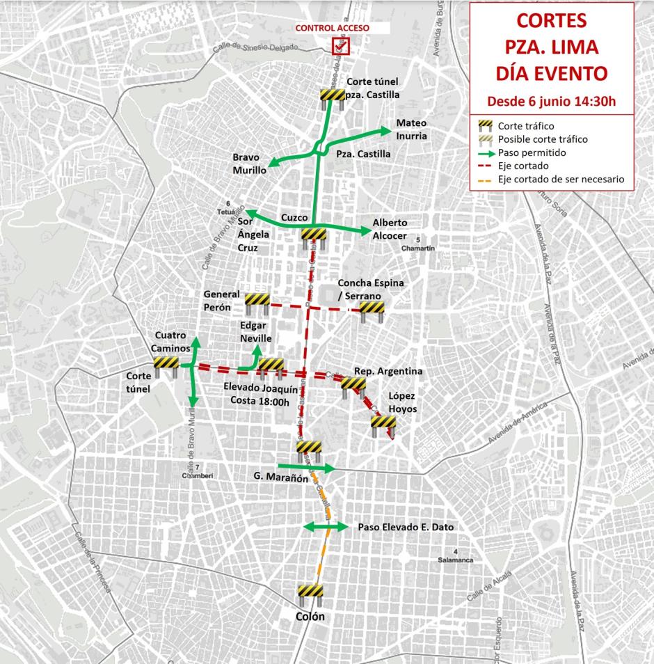Planos de cortes de tráfico en Madrid el 6 de junio