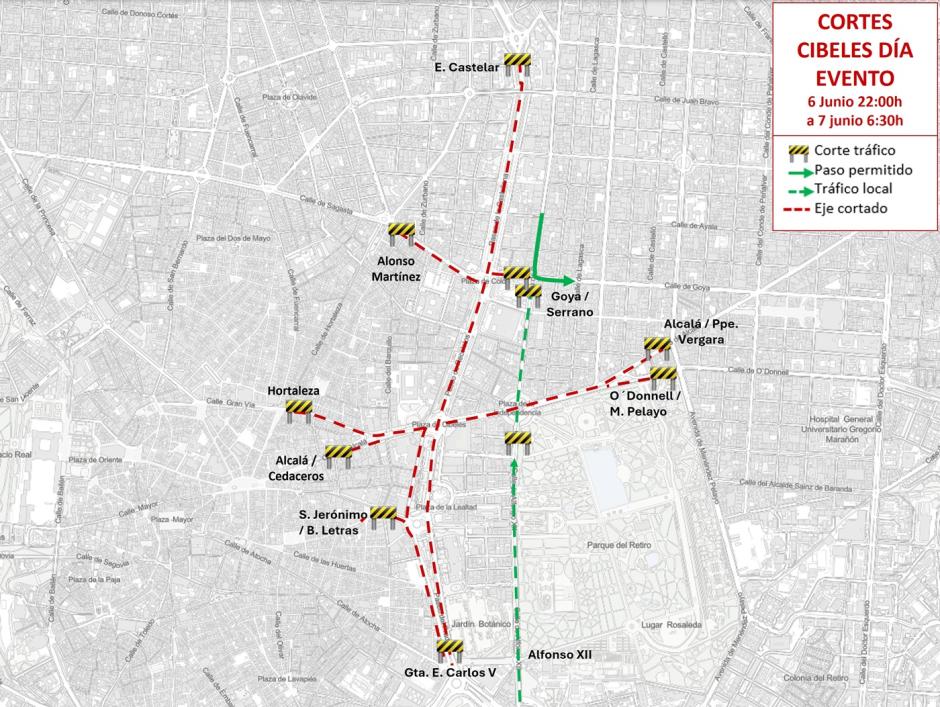 Cortes de tráfico del 6 al 7 de junio en Madrid