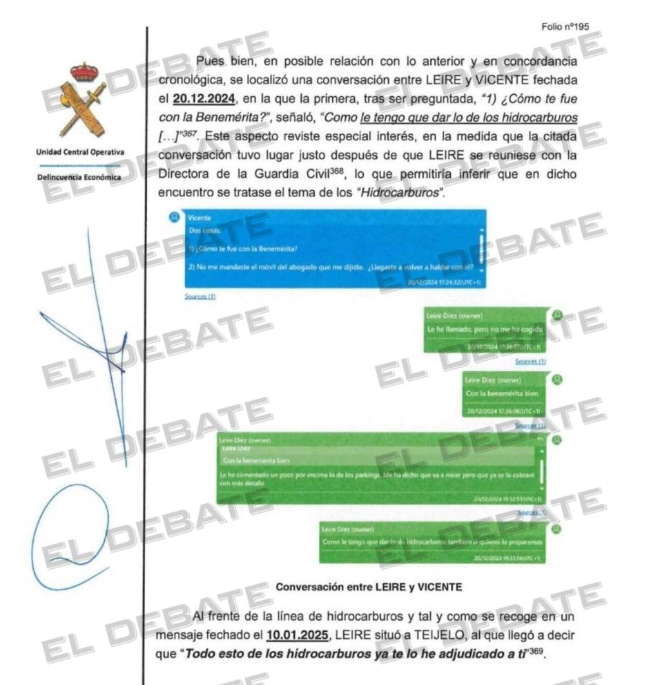 Extracto de chat de Whatsapp entre Leire y Vicente Fernández incluido en el informe de la UCO