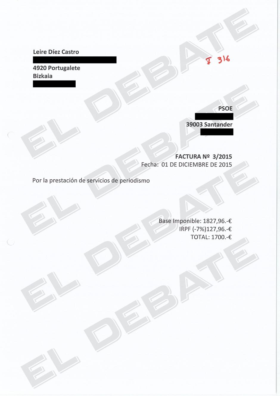Una factura de 2015 de Leire Díez al PSOE
