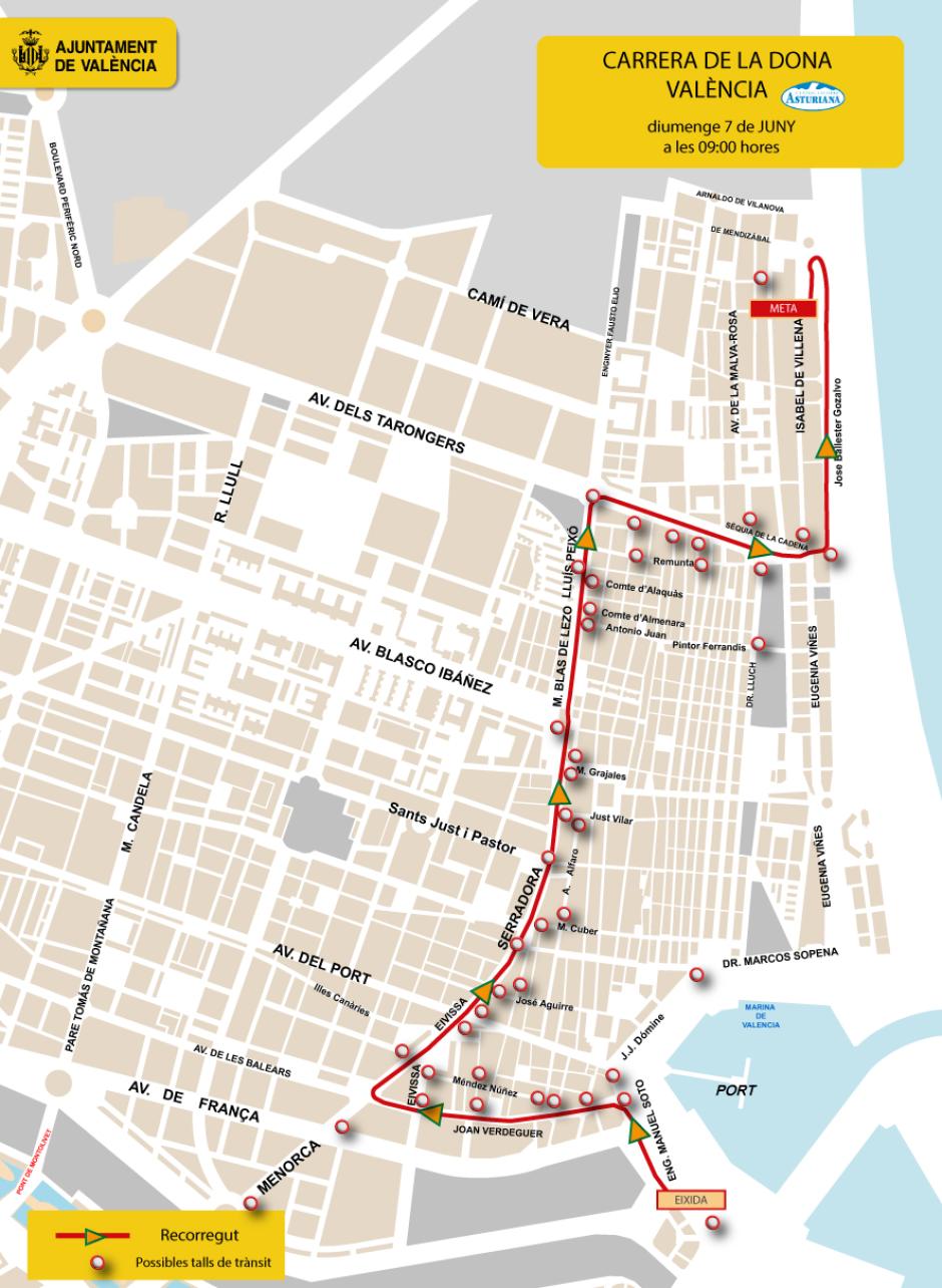 Mapa de las calles cortadas al tráfico este sábado y domingo 6 y 7 de junio en Valencia por la Carrera de la Mujer