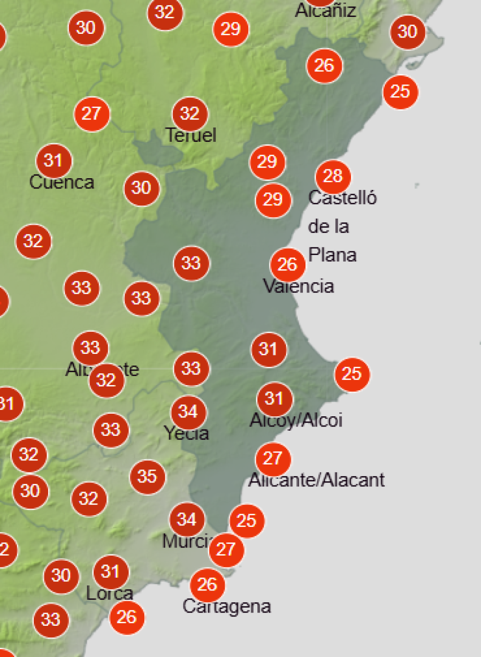 Mapa de Aemet con la previsión de las temperaturas máximas este lunes 8 de junio de 2020