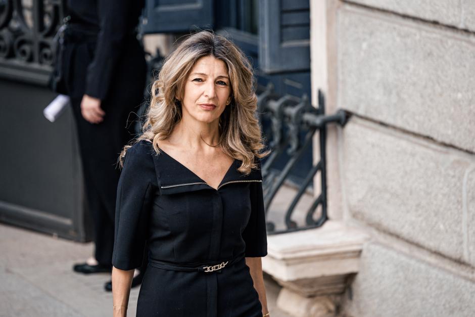 La vicepresidenta segunda y ministra de Trabajo y Economía Social, Yolanda Díaz, durante la visita del Papa León XIV al Congreso de los Diputados