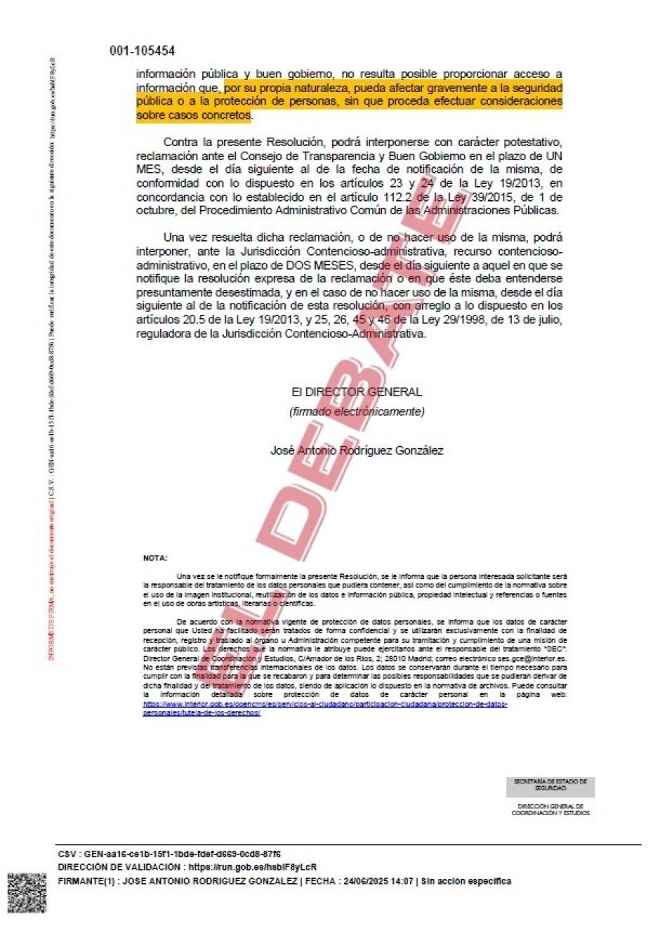 Resolución del Ministerio del Interior (105454) del 24 de junio