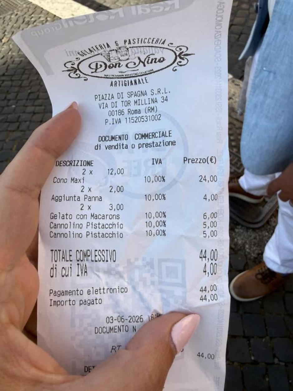 Ticket de una heladería en Roma