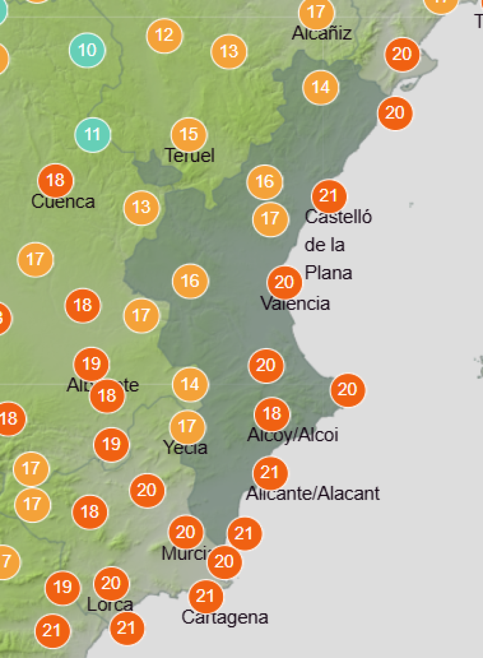 Mapa de Aemet con las temperaturas mínimas previstas en la Comunidad Valenciana este martes 9 de junio de 2026