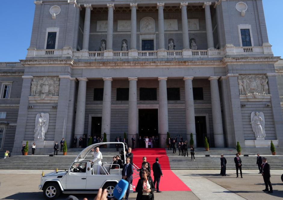 Pope Leo XIV leaves the Almudena Cathedral after leading prayer and devotion to Our Lady of Almudena in Madrid on June 8, 2026. Pope Leo XIV is visiting Spain June 6-12 with stops in Madrid, Barcelona, and the Canary Islands, where he will meet with migrants and organisations dedicated to helping them. (Photo by Cesar MANSO / AFP)