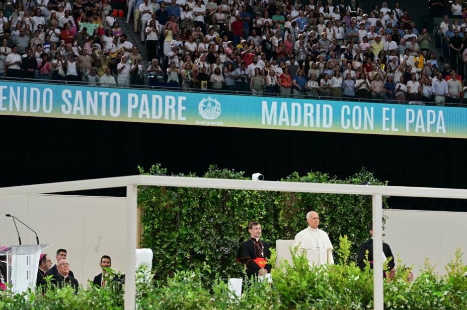 Pope Leo XIV arrives at Real Madrid's Santiago Bernabeu stadium in Madrid on June 8, 2026. Pope Leo XIV is visiting Spain June 6-12 with stops in Madrid, Barcelona, and the Canary Islands, where he will meet with migrants and organisations dedicated to helping them. (Photo by Stefano RELLANDINI / AFP)