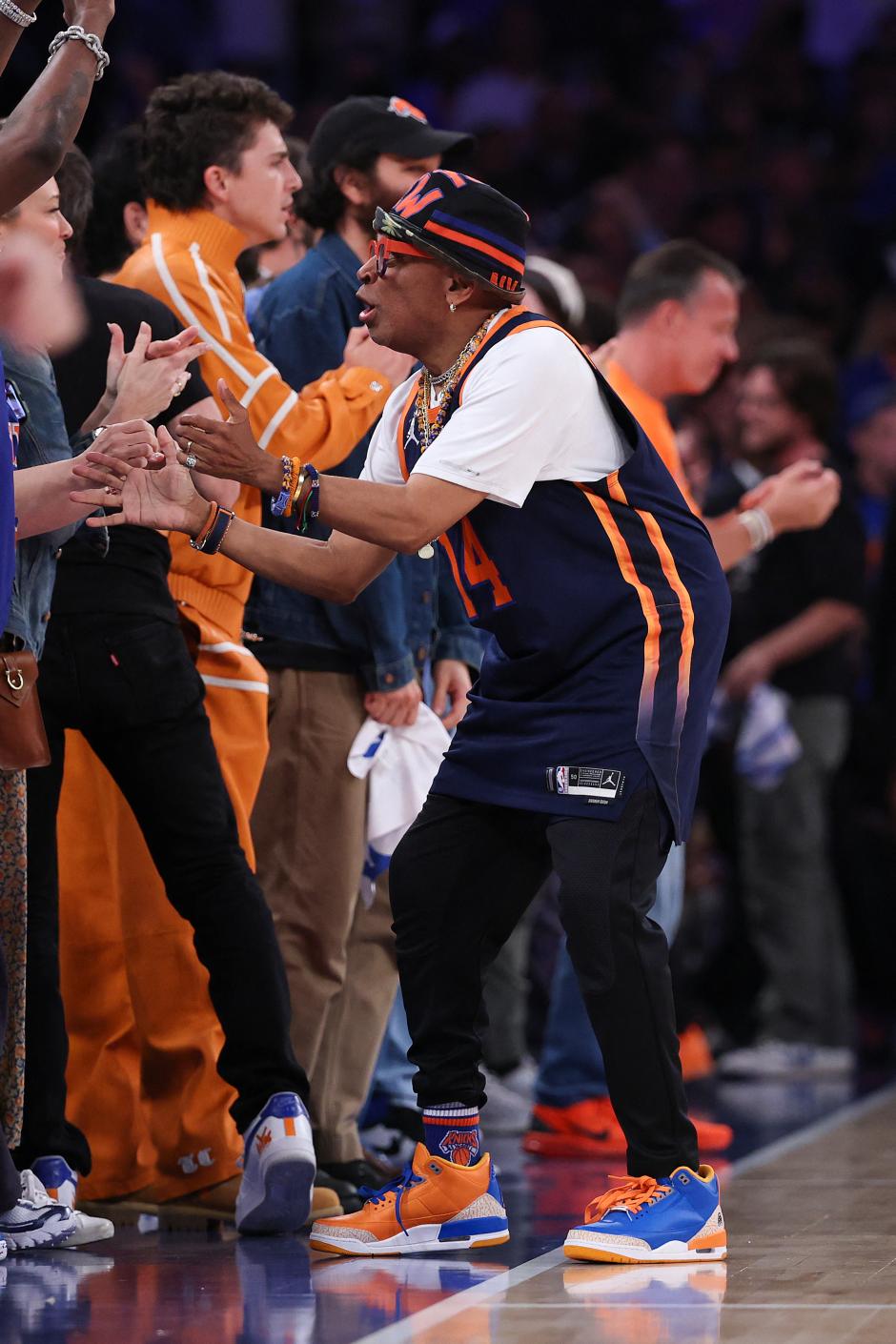 NEW YORK, NEW YORK - JUNE 08: Director Spike Lee reacts during the second quarter of a game between the San Antonio Spurs and the New York Knicks in Game Three of the 2026 NBA Finals at Madison Square Garden on June 08, 2026 in New York City. NOTE TO USER: User expressly acknowledges and agrees that, by downloading and or using this photograph, User is consenting to the terms and conditions of the Getty Images License Agreement.   Al Bello/Getty Images/AFP (Photo by AL BELLO / GETTY IMAGES NORTH AMERICA / Getty Images via AFP)